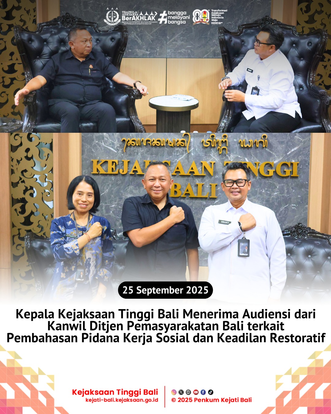 Kepala Kejaksaan Tinggi Bali Menerima Audiensi dari Kanwil Ditjen Pemasyarakatan Bali terkait Pembahasan Pidana Kerja Sosial dan Keadilan Restoratif